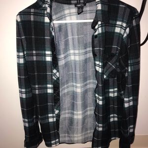 green, black and white plaid button down
